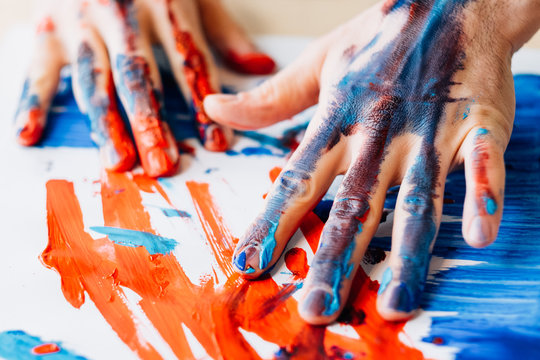 Art Therapy. Hobby Enjoyment. Man Hands In Red Blue Paint. Recreation Relaxation. Artist Talent Creative Style Technique.