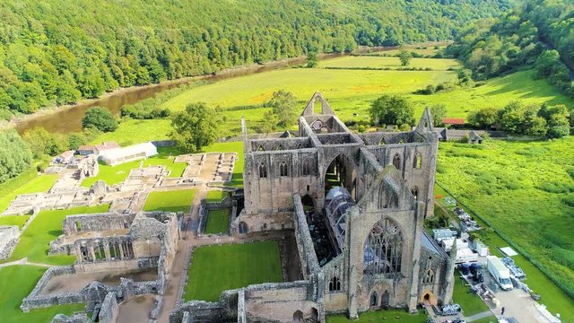 Aerial drone footage of the ruins Tintern Abbey, located on the Welsh boarders. 