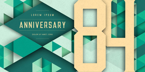 Anniversary emblems celebration logo, 84th birthday vector illustration, with texture background, modern geometric style and colorful polygonal design. 84 Anniversary template design, geometric design