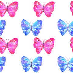 Seamless pattern with colorful blue and pink butterflies. Hand drawn watercolor illustration. Texture for print, fabric, textile, wallpaper.