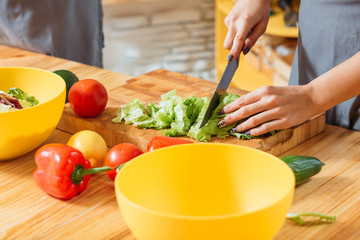 Woman hands cutting chopping lettuce leaves. Organic fresh veggies for healthy balanced vegetarian salad recipe. Dieting.