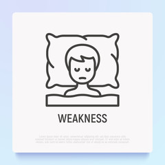 Human lying in bed and feels weakness. Thin line icon of illness symptom. Modern vector illustration.