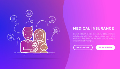 Family medical insurance web page template. Thin line icons: policy, life insurance, maternity program, 24/7 support, mobile app, telemedicine. Modern vector illustration.