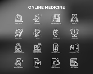 Online medicine, telemedicine thin line icons set: pill timer, ambulance online, medical drone, medical tracker, mHealth, messenger, check symptoms, mobile consultant. Modern vector illustration.