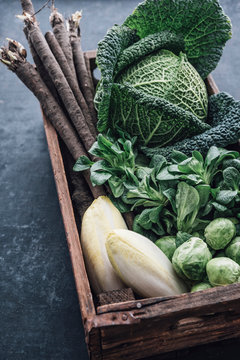 Food: different sorts of winter vegetables in a crate