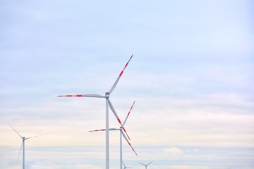 Wind turbines on morning violet sky. Clean electricity. Ecological use natural resources. Wind turbine generating electricity, alternative renewable energy. Rotating blades of wind energy generators. 