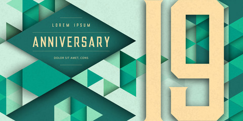 Anniversary emblems celebration logo, 19th birthday vector illustration, with texture background, modern geometric style and colorful polygonal design. 19 Anniversary template design, geometric design
