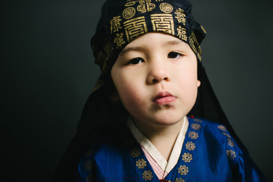 Closeup of little boy in hanbok