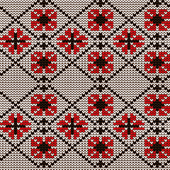Knitted pattern, handmade Ukraine ethnic pattern for design. Red and black vector border illustration on white background. Ukrainian traditional national decor decoration.