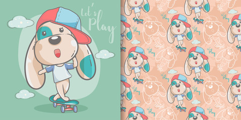 Greeting card cute cartoon dog with seamless pattern