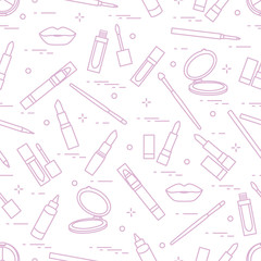 Seamless pattern of different lip make-up tools. Vector illustration of lipsticks, mirror, lip liner, lip gloss and other.