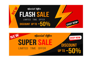 Flash and super sale banner design, discount offer, 50%off