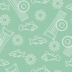 Pattern with fish, sun, inflatable mattress.