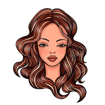 recommend clip art: portrait of a young woman with long hair, line art illustration