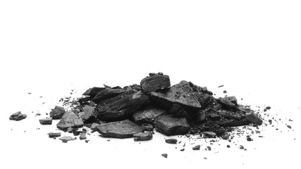 Black charcoal chunks, pile isolated on white background