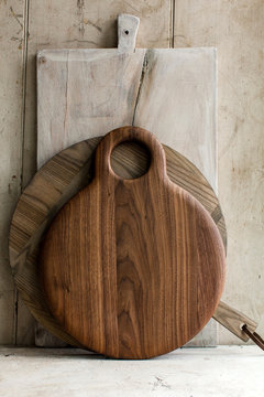 Propped up cutting boards on countertop