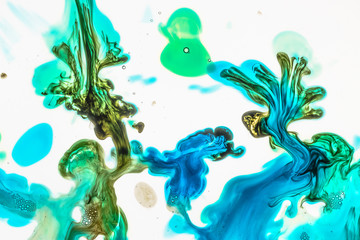 Watercolor and acrylic abstract. Colorful background. Mix, splashes and drawings of colors: blue, green, brown, yellow, white background