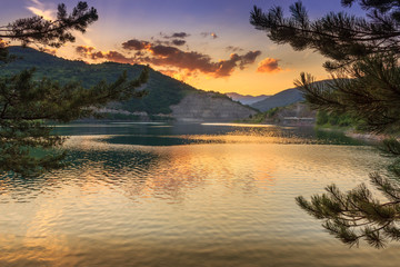 Pine tree branches framing reflective lake and golden hour dramatic sky with dark, fluffy clouds and deep blue top of the sky