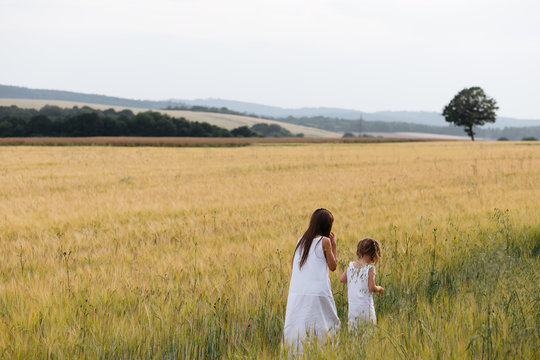 Two little girls in white dresses are in the wheat field