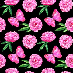 Outdoor kussens Seamless pattern with peonies and pink butterfly. Hand drawn watercolor illustration. Texture for print, fabric, textile, wallpaper. On black background © Taity