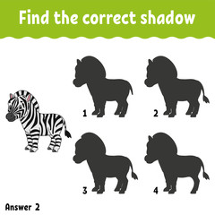 Find the correct shadow. Education developing worksheet. Matching game for kids. Activity page. Puzzle for children. Riddle for preschool. Cute character. Isolated vector illustration. Cartoon style.