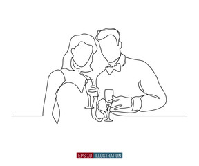 Continuous line drawing of man and woman with glasses of wine. Template for your design works. Vector illustration.