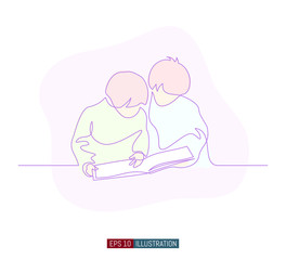 Continuous line drawing of children with book. Template for your design works. Vector illustration.