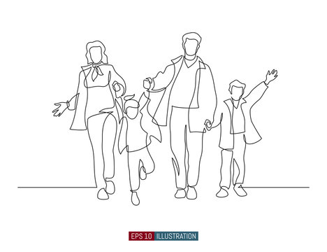 Continuous line drawing of happy family walking. Template for your design works. Vector illustration.