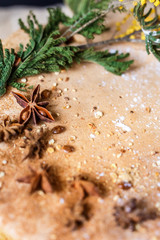 Biscuit apple pie with cinnamon, citron, oriental spices and sugar powder on dark background
