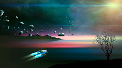 Spaceship fly in sci-fi landscape with asteroid, tree blured water and nebula. Digital painting. Elements furnished by NASA. 3D rendering