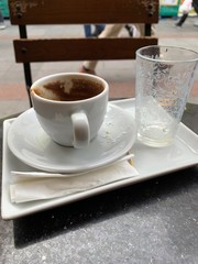 Turkish coffee with a glass of water and a few Turkish delight.