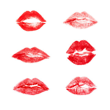 Six print of beautiful lips with red lipstick isolated on white. Concept of kiss, love and passion.