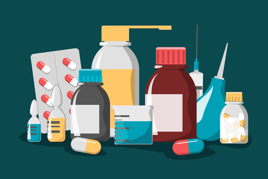 Medicine set. Drug bottle, pill, first aid kit
