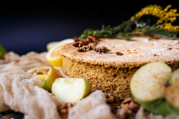 Biscuit apple pie with cinnamon, citron, oriental spices and sugar powder on dark background