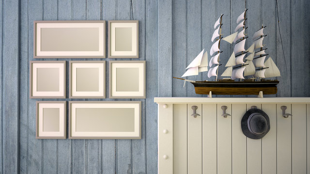 Nautical decor with mock up picture frames