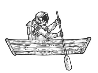 Astronaut spaceman rowing in wooden boat sketch engraving vector illustration. Scratch board style imitation. Black and white hand drawn image. © Oleksandr Pokusai