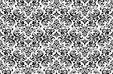 Rollo Schwarz-weiß Blumenmuster. Vintage Tapete im Barockstil. Nahtloser Vektorhintergrund. Weiße und schwarze Ornamente für Stoffe, Tapeten, Verpackungen. Aufwändige Damastblumenverzierung