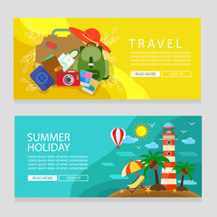summer holiday banner travel and lighthouse theme flat style