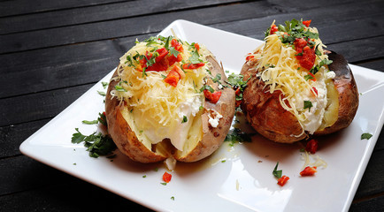 Close up of a hot baked potato topped with sour cream, green onions and cheese on black wooden board
