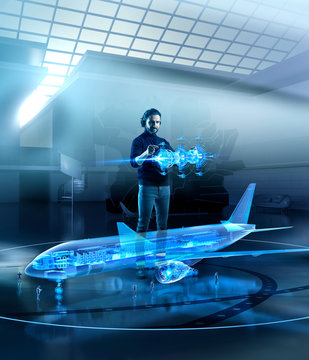 Engineer working with holograms in virtual environment