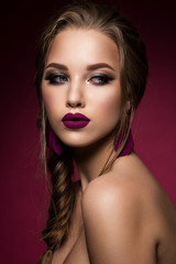 Make up. Glamour portrait of beautiful woman model with fresh makeup and romantic hairstyle.