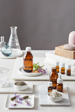 Pure essential oils in bottles.