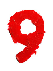 Isolated handwritten number nine made of smudged red lipstick on white background. Digit 9