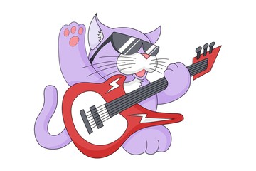 Rock and roll cat cartoon vector illustration for print design isolated on white