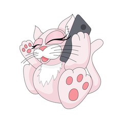 Cute and adorable colorful kitten with phone listening to music or calling