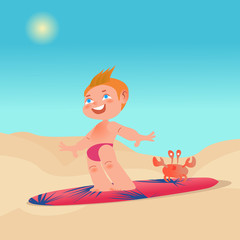 Happy surfer boy with surfboard and crab train on the beach. Vector cartoon character illustration. Family summer holiday, trip