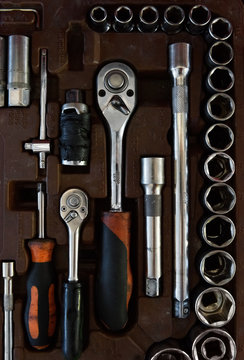 Closeup of socket wrench in toolbox