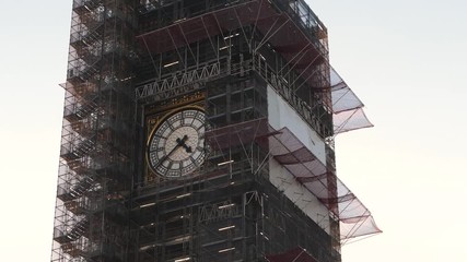 Footage of Big Ben and scaffolding around tower under renovation.