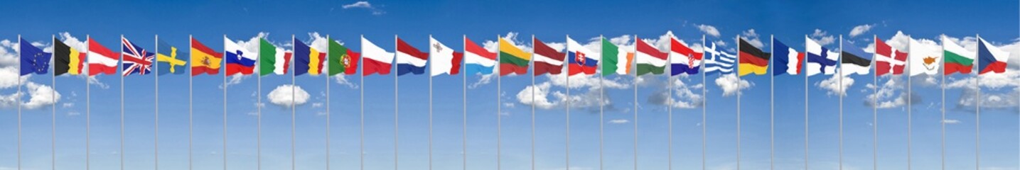 Silk waving 28 flags of countries of European Union. Blue sky background. 3D illustration. - Illustration
