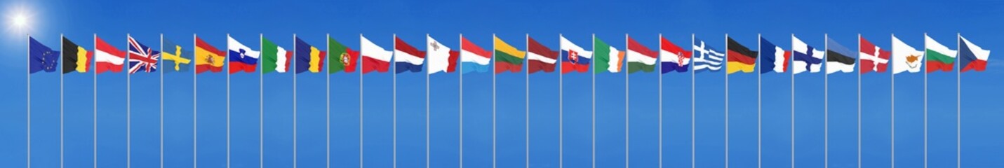 Silk waving 28 flags of countries of European Union. Blue sky background. 3D illustration. - Illustration